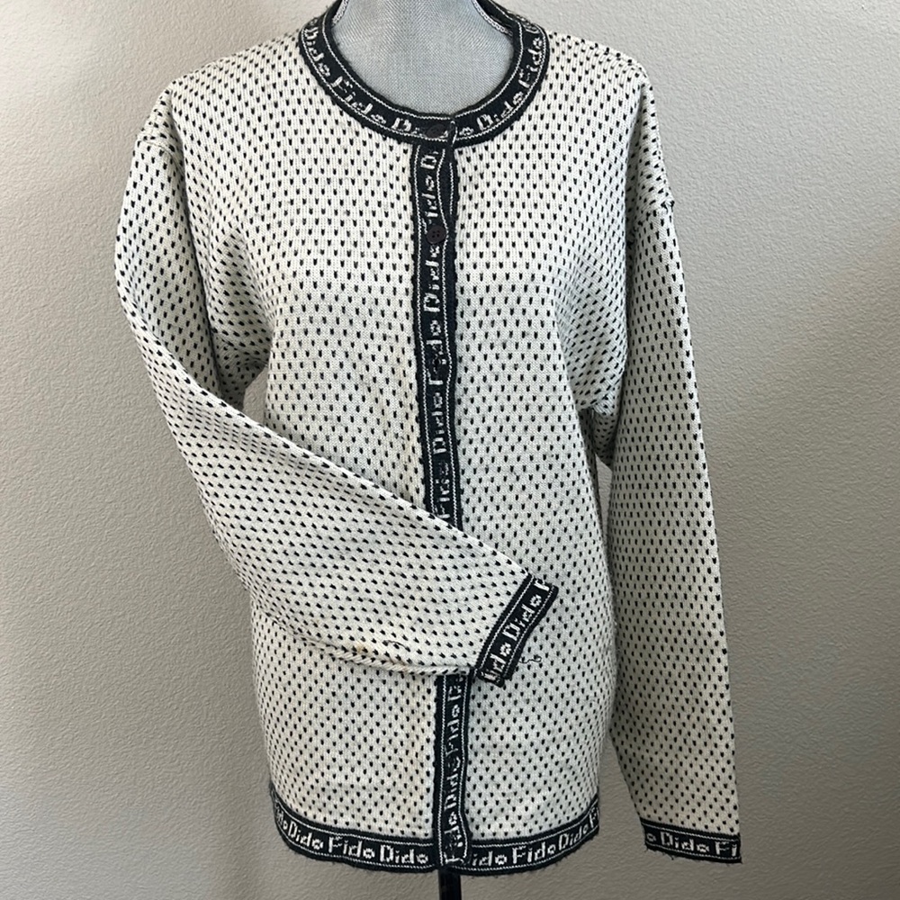 FIDO DIDO Vintage Logo Sweater Jacket Women’s Size L Cream Black Knit